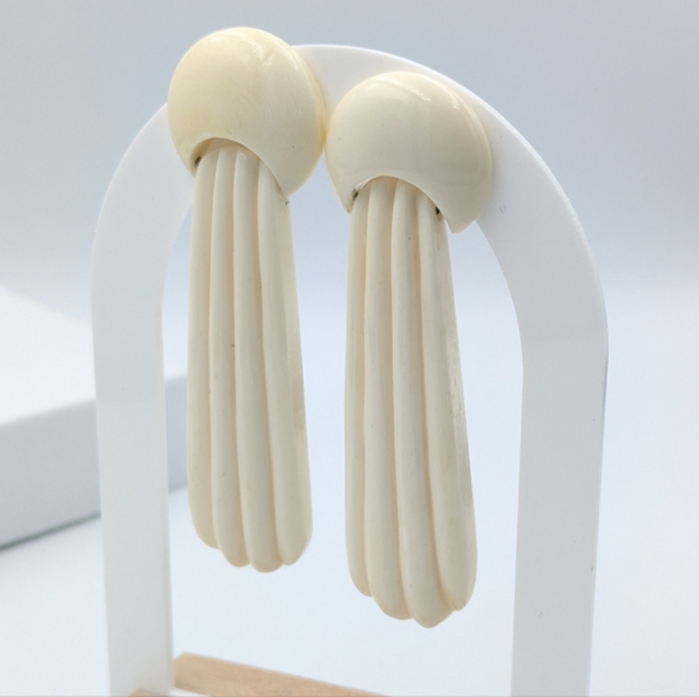 Vintage large art deco style hand carved bone drop earrings